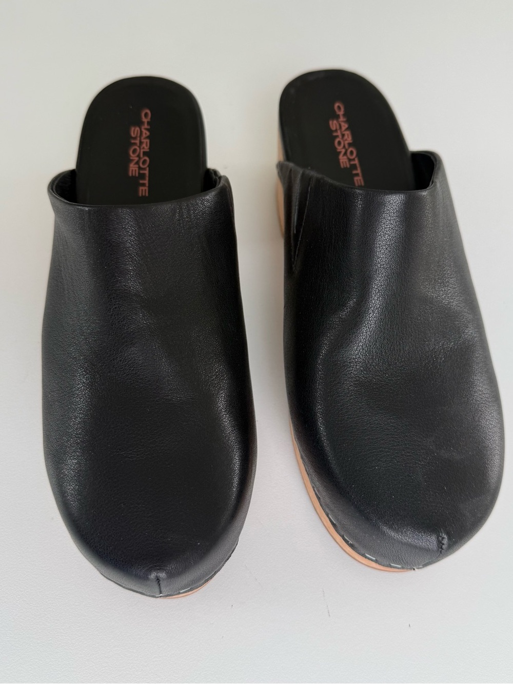 Charlotte Stone Black Leather Clog Mules with Wood Block Heel - Picture 4 of 5